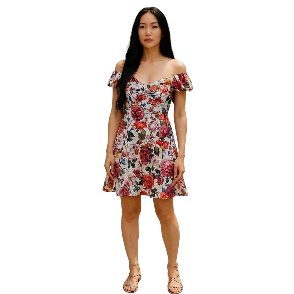 SBEtro White‎ Multi Floral Puffed Sleeve Off-Shoulder Mini Dress XL